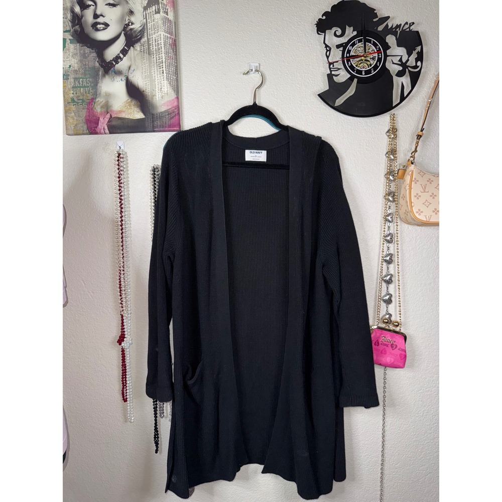 Old Navy Womens XL Black Ribbed Open Cardigan Sweater Livaeco Viscose Blend